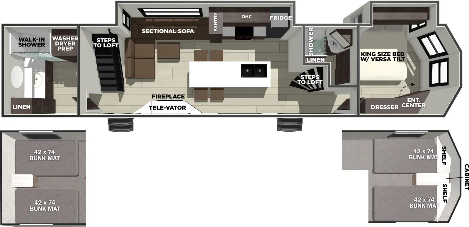 The Wildwood Lodge 42ZEN floorplan has two entries and two slide outs. Exterior features include: fiberglass exterior. Interiors features include: loft, front bedroom and rear bathroom.